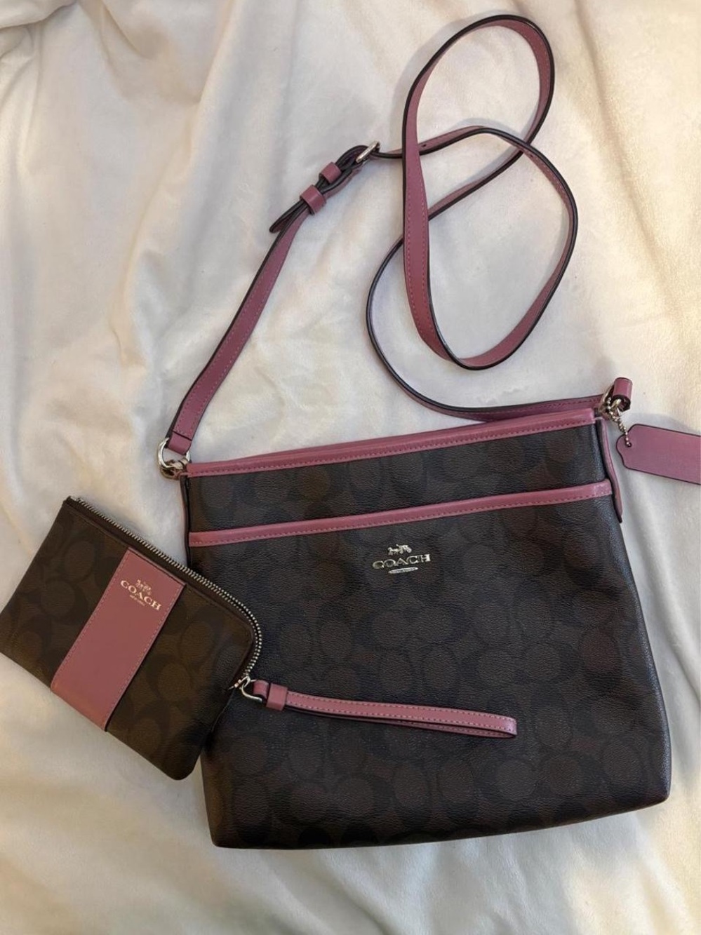Coach Signature Crossbody Bag in Brown with Pink Trim with Matching Wallet